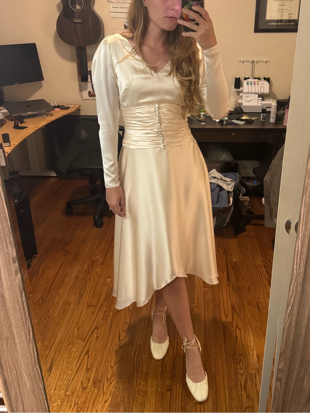 Vintage Silk Satin Wedding Dress Romanovski Cream Long-Sleeve Satin Dress 4-6